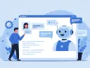 Illustration of an AI agent helping a business owner on a screen and chatbot conversations are popping up.